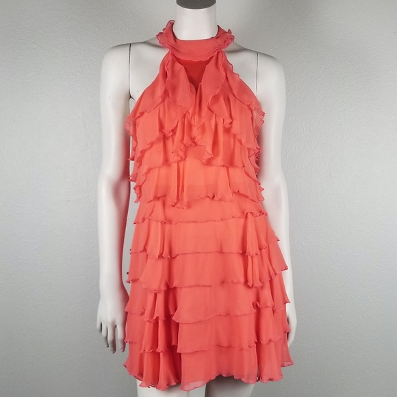 Alice + Olivia Coral Silk Chiffon Ruffle Tiered Halter Mini Party Dress Size M - Picture 3 of 11